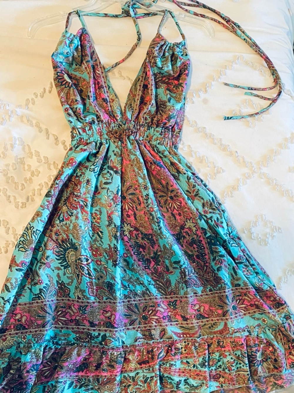 Paisley Backless Halter Dress in Teal and Pink